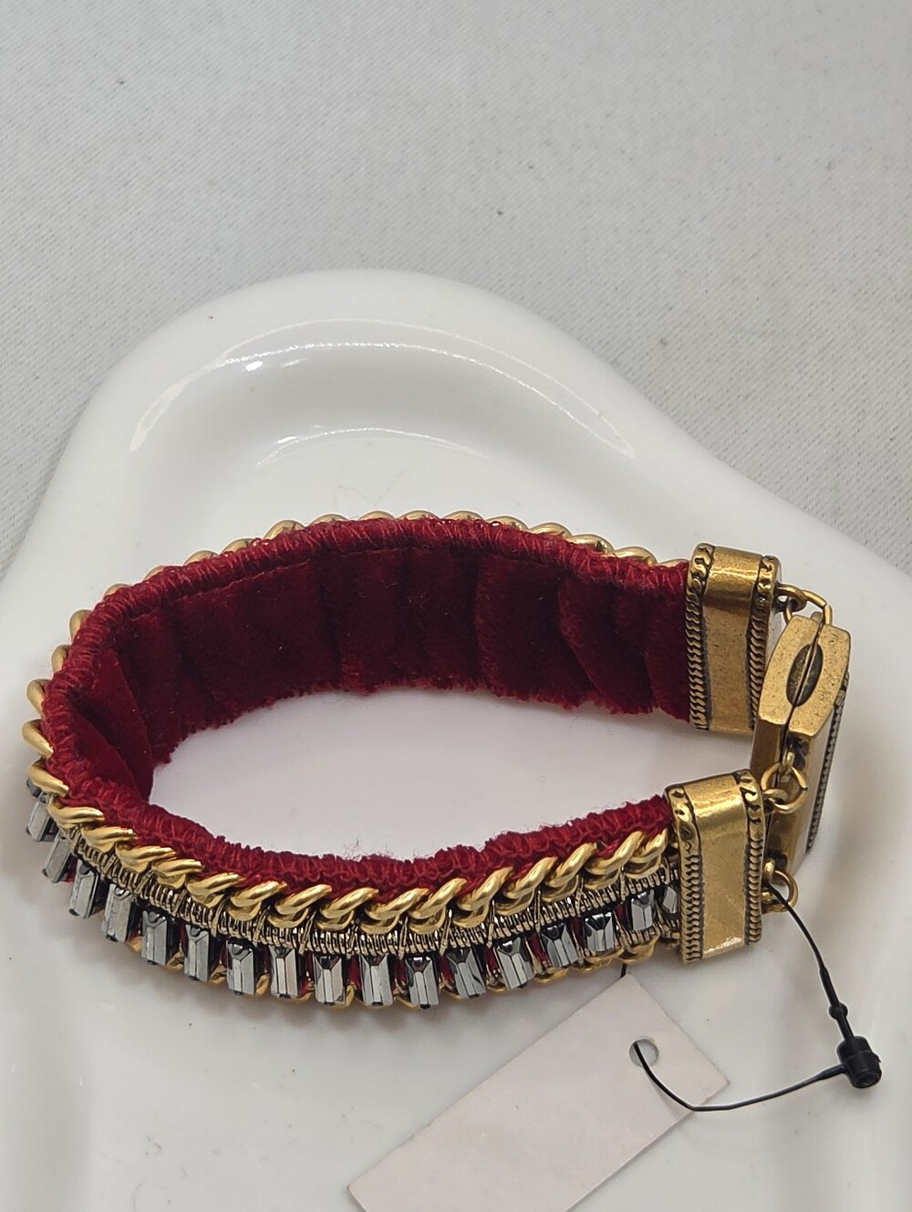 ✨ Chico’s Crimson Red Velvet & Gold Hematite Rhinestone Cuff Bracelet NWT ✨